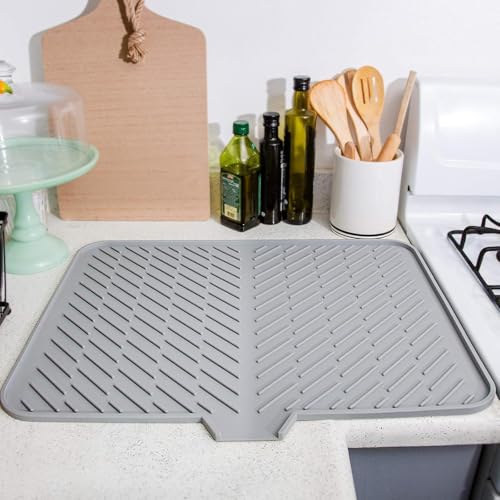 Image of SR Dish Drying Mat for Kitchen Silicone Mat for Utensils Drying Organiser- Large Size with Built in Drain Lip Protects Countertops Surfaces Prevents Water Build Up(Grey)