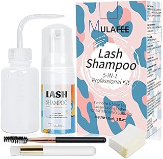 MULAFEE Eyelash Extension Cleanser, Lash Extension Shampoo Kit, Oils, Paraben & Sulfate Free Foaming 60 ML Eyelash Shampoo with Rinse Bottle and Soft Brush Safe for Salon Use and Home Care