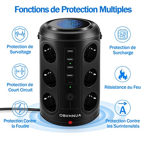 OBVHNUA 18 en 1 Multiprise Electrique 12 Prises 5 Ports USB Tour Multiprise 15W Charge sans Fil Parasurtenseur 2500W/15A Prise Verticale avec Protection Contre Surcharges pour Bureau Maison Cuisine – Image 7