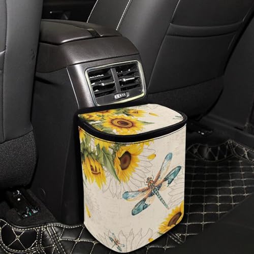 Image of Car Trash Bin Collapsible Cars Organizers and Storage for Front Seat Multipurpose Trash Bag Automotive Garbage Can Cars Accessories Interior Car Organizer, Dragonfly Sunflower
