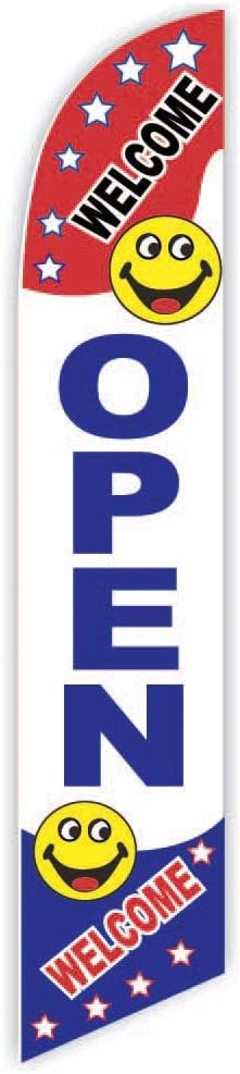 Welcome Open 2 Happy Face (Red/Blue) Advertising Feather Flag 12ft - Replacement Flag Only (without Poleset)