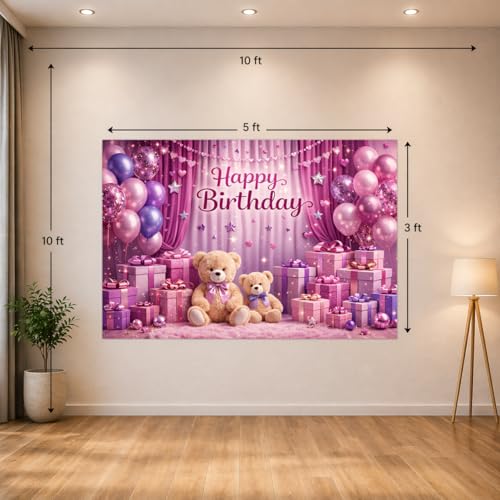 Image of Pink Birthday Backdrop Cloth 5x3 ft - Teddy Bear Theme Fabric Banner with Balloons & Gifts, Reusable Decoration Background for Kids Party & Photoshoot