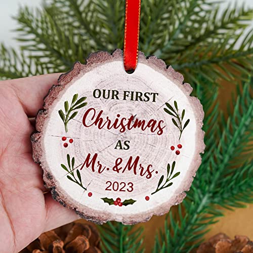 First 1St Christmas Married Ornament 2023, Our First Christmas As Mr & Mrs 2023 Ornament, Wedding Gifts For Couples Married Newlyweds Unique 2023, Circle Wood Ornament Keepsake #TOP2