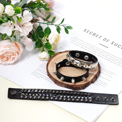 hoyuwak 3pcs Unisex Punk Gothic Leather Cuff Bracelet - Adjustable Spiked Rivet for Punk/Emo/Goth/80s Rock, Cosplay/Halloween/Daily Edgy Style3