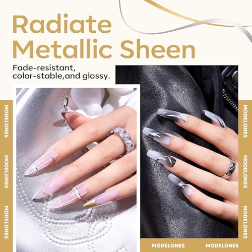modelones Metallic Gold Silver Gel Liner Nail Polish 2 Pcs Chrome Mirror 3D Effect Nail Art Polish Bronze Thin Brush For Swirl Soak Off French Tip DIY Salon Nail Glue Manicure Gift For Women Girls - Thumbnail 2