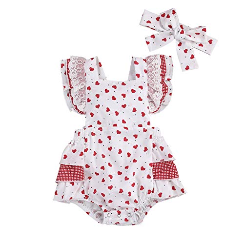 Baby Girl's Valentine's Day Romper Flutter Sleeve Backless Jumpsuit Heart Print Dress Outfit with Headband Set Sunsuit (White, 6-9 Months)