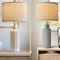 USumkky 24.75'' Farmhouse Cream-White & Light-Green Ceramic Single Table Lamp for Bedroom Living Room