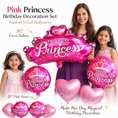 Image of Propsicle Pink Princess Foil Balloon Pack of 5, 32 Inch Crown Foil Balloon, 18 Inch Princess Printed Round x2, 18 Inch Heart Shape x2, Kids Girls Birthday Decoration Supplies