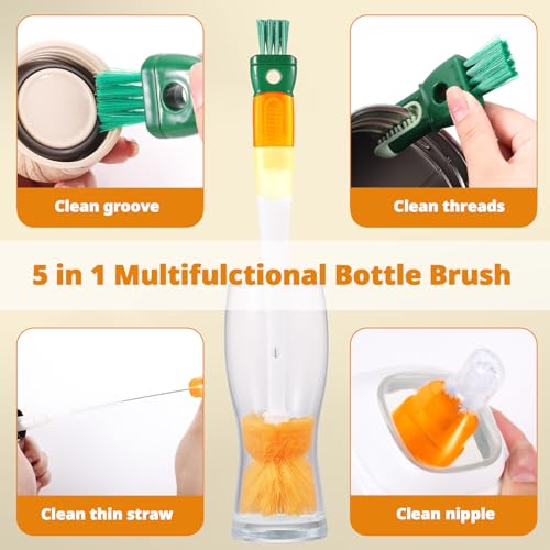 Image of OUTXE 5 Pack Bottle Brush Set, 5-in-1 Water Bottle Cleaner Brush, 15 inch Long Handle Bottle Cleaning Brush, 3 Straw Brush, Removable Nipple Brush, Detail Brush for Cup Lid Gap, WBBSBLB5
