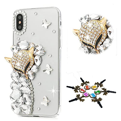 STENES Sparkle Case Compatible with Umidigi A15T Case - STYLISH - 3D Handmade Bling Fox Butterfly Rhinestone Crystal Diamond Design Girls Women Cover - White