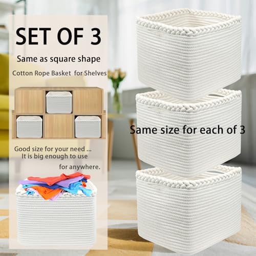 Image of COMFY-HOMI 3PACK Cotton Rope Square Basket with Handles for Shelves| Storage|Baby Basket for GIF|Shoe Basket for Organizing|New13.5 inch x 11 inch x 9.5 inch for Living Room