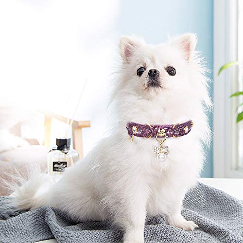 Image of Cat Collar, Dog Collar, [Bling Rhinestones] PU Leather Adjustable Pet Collar with Luxury Pendant for Cat and Small Dog Extra Small Purple