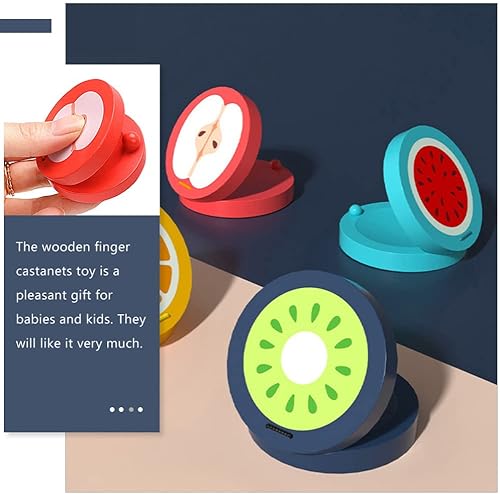 Miniatura 8 de Panderetas para niños, 4 unidades, castañuelas de dedo, patrón de frutas, castañuelas musicales de madera, instrumentos musicales ritmo para niños