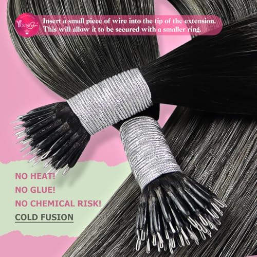 Image of YoungSee Nano Link Hair Extensions Human Hair Black Balayage Nanoring Hair Extensions Human Hair Ombre Black to Silver Nanobead Extension Silver Nano-Loop Remy Hair 1g /strands 50g 24 Inch