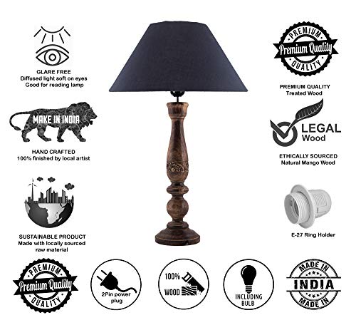 Image of Homesake Handcrafted Wooden Table Lamp for Bedroom & Living Room|Decorative Bedside Reading Lamp with Fabric Shade, E27 Holder|Bulb Included|Black Floral Carved Base for Home Decor, Black