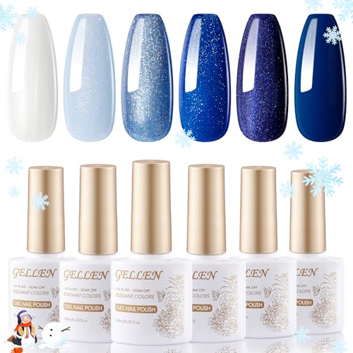 GELLEN Blue Gel Nail Polish Set, 6 Colors Glitter Royal Navy Dark Blue Pearlescent Shell White Nail Gel Polish Kit, Soak Off UV Gel Polish Winter Nail Art Design DIY Manicure Gift for Her