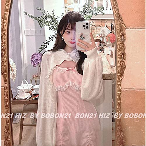 Women Japanese Lolita Sweet Lace Bow Kawaii Party Spaghetti Straps Mini Knitted Dress3