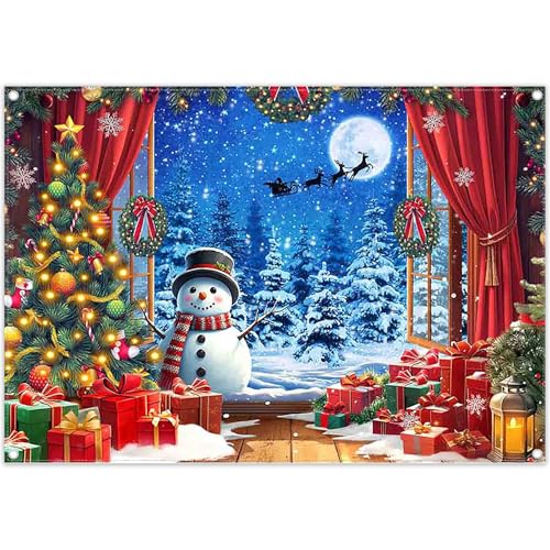 Luminora 2,1 x 1,5 m - Fondo de Navidad con Bosque Rojo, Noche Nevada, alféizar de Ventana, árboles de Navidad, muñeco de Nieve, Regalos, decoración de Nochebuena, Pancarta de Fotos, Accesorios