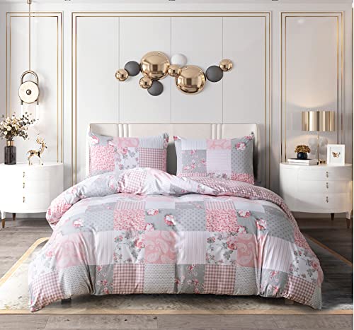 Best Linen 4 Piece Duvet Cover Set Microfiber Quilt Cover Pillow Case & Fitted Sheet Complete Bedding Set Easy Care Machine Wash Anti Allergic (Floral Grey