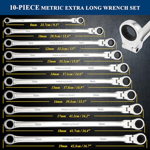 Image of PRIDE&CRAFT 10-Piece Extra Long Ratcheting Wrench Set - Metric Flex Head Double Box End (8-19mm) 2X Longer Wrenches, Chrome Vanadium Steel with 90-Tooth Ratchet for Automotive Repair