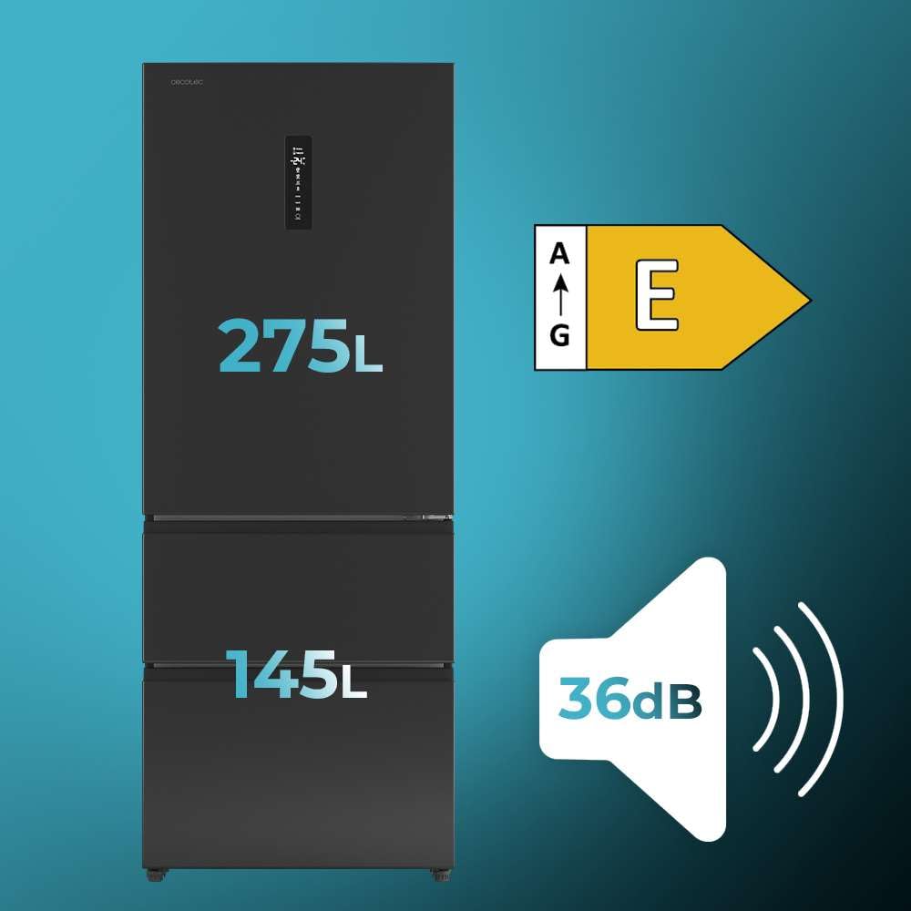 Cecotec Frigorífico Puerta Francesa Total No Frost Bolero CoolMarket FD 420 Dark E, Extra Capacidad Max 420L, Alto 186 cm y 70 cm Ancho, Compresor Inverter, ATT Antibacterias