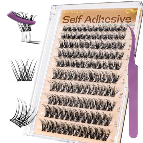 CILIYA Self Adhesive Eyelashes Cluster, 10-16mm Pre Glued Lash Clusters Natural Look Wispy Press on Lashes No Glue Needed, Reusable, DIY Eyelash Extensions