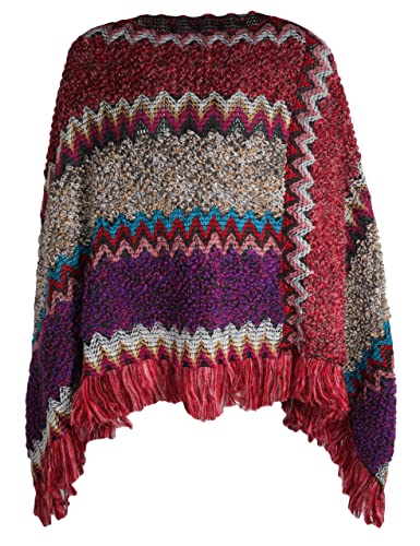 ZLYC Women's Vintage Fringe Pullover Shawl Striped Wrap Poncho Cape3
