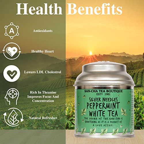 Image of Sancha Tea Boutique, Peppermint White Tea, 25g Loose Leaves | Refreshing & Calming Silver Needle White Tea with Real Mint Leaves | Detox & Antioxidant Rich | Micro-Batch Blended