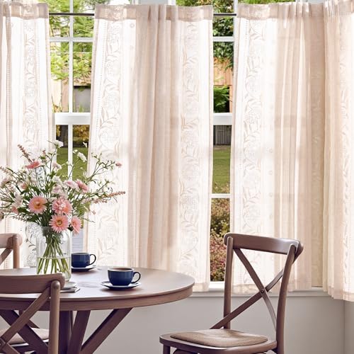 Image of jinchan Ivory Floral Linen Kitchen Tier Curtains 54 Inch Back Tab 2 Panels