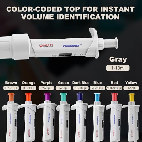 Image of 4E's USA Lab 1-10mL Pipette: Single-Channel Adjustable Micropipette with Color-Coded Top (Grey), 4 Digit Display, Universal Tip Cone, High Accuracy, ISO 8655 Calibrated & Lower Portion Autoclavable