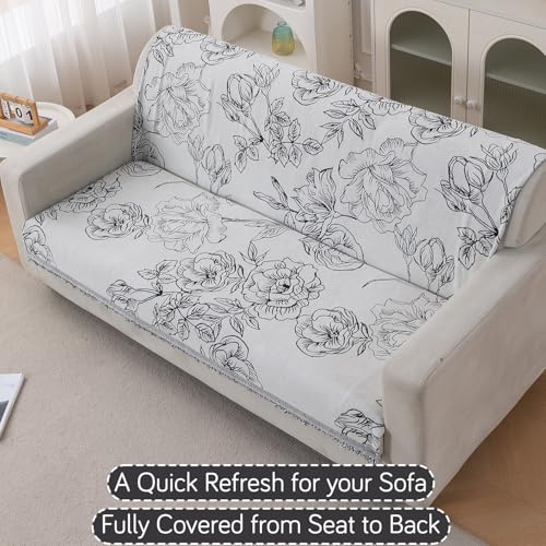 Image of HOKIPO Serene Abode Sofa Cover 3 Seater, 180x175 cm, White Rose Garden