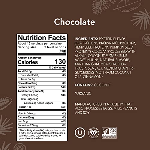 Image of ALOHA Organic Plant Based Protein Powder, Stevia Free, Chocolate, 19.6 oz, 15 Servings