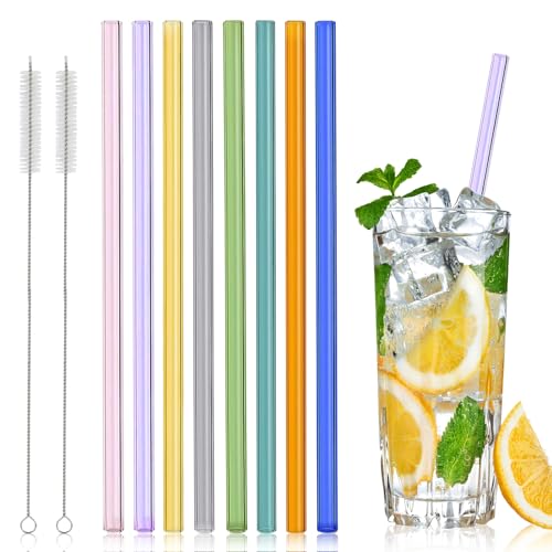 8 Piezas Pajitas de Cristal Reutilizables, Pajitas de Vidrio Multicolor con 2 Cepillos de Limpieza, Pajitas de Cristal Rectas para Batidos Jugos Cócteles