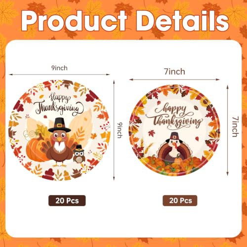40 Pcs Happy Thanksgiving Plates - Turkey Paper Plates, Fall Leaves Turkey Give Thanks Plate, Disposable Thanks Giving Plate for Autumn Holiday Harvest Thanksgiving Party Supplies Decor Favors - image 2