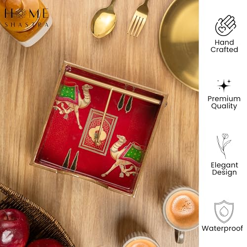 Image of Wooden Napkin Holder with Gold Engraving | Pack of 1 | Size : 7.5 x 7.5 inch | Enamel Coated Waterproof | Tissue Holder for Dining Table | (Red Camel Napkin Holder)
