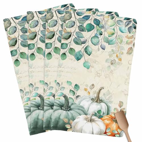 Image of Fall Kitchen Towels Harvest Pumpkin Thanksgiving Hand Towels Green Leaves Dish Towel Cleaning Cloth Soft Absorbent Quick Drying 4 Pack Dish Cloths for Kitchen, Bathroom Autumn Decoration