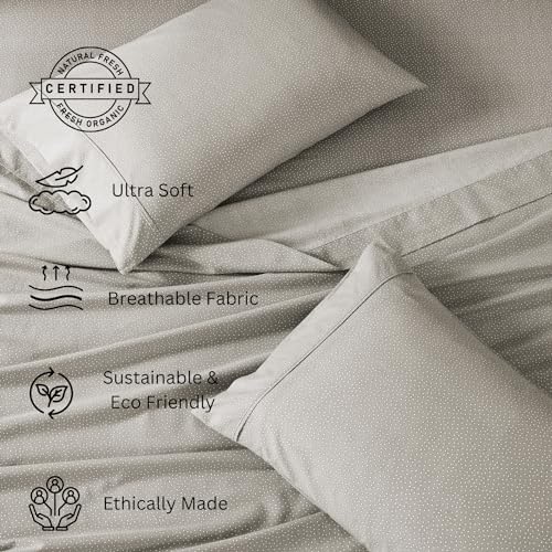 Image of LANE LINEN 100% Organic Cotton Grey (White Dot) Full-Sheets Set 4-Piece Long Staple Percale Weave Bedding Sheets for Bed Breathable Fits Mattress Upto 15in Deep
