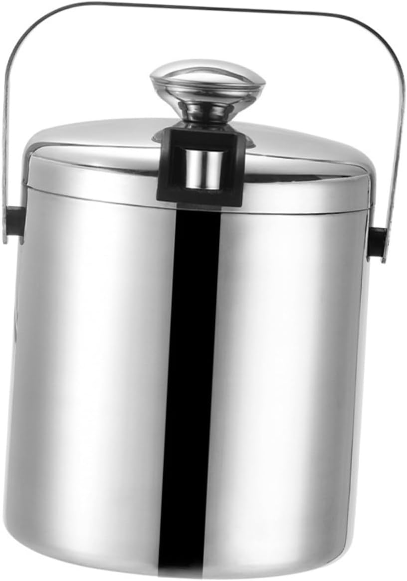 Stainless Steel Ice Bucket 1.3L with Lid and Tongs, Double Wall | Silver Finish, Water Filter Design, Preserves Ice Longer, for Bar and Ktv Use