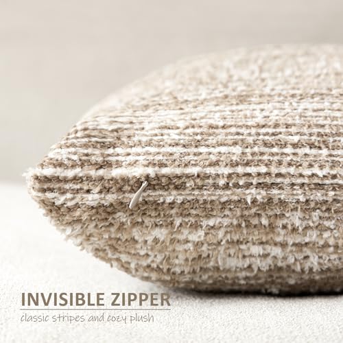 Image of Foindtower Set of 2 Faux Fur Textured Modern Throw Decorative Pillow Covers Square Accent Striped Cushion Sherpa Boho Farmhouse Pillowcase for Couch Sofa Living Room Home Decor 18x18 Inch,Tan Khaki
