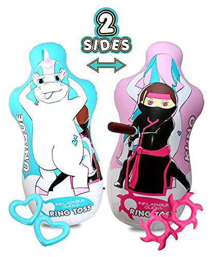 INFLATABLE DUDES Ring Toss- Double Sided- {Unique/Unicorn + Ninja Girl/Kuno} 5 FEET | 2 Heart Rings and 2 Star Rings Included | Already Filled with Sand | Kids Punching Bag | Play Therapy