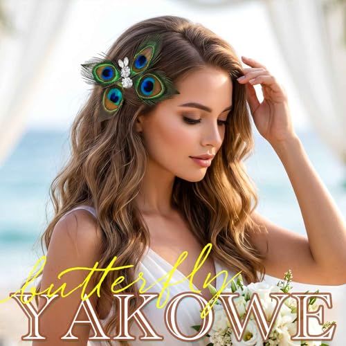 Yokawe pinza de cabello vintage con diseño de mariposa y plumas de pavo real con cristales para fiesta Gatsby, graduación y boda miniatura 6