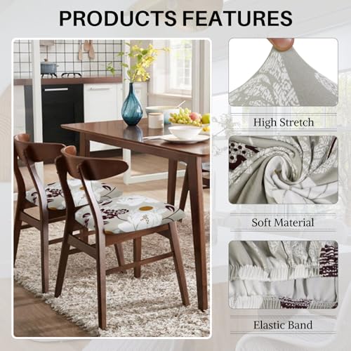 Image of SearchI Water Repellent Seat Covers for Dining Chairs, 6 Pack Jacquard Stretch Dining Room Chair Seat Covers, Kitchen Chair Seat Covers Protectors(Brown Flower)