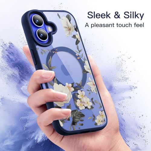 Image of VONZEE Compatible with iPhone 16 Case Luxury Retro Flowers Floral Clear for Magnetic Wireless Charging Case Shockproof Case PC+TPU Cute Glossy Shiny Cover for Girls Women, 6.1'' Navy Blue