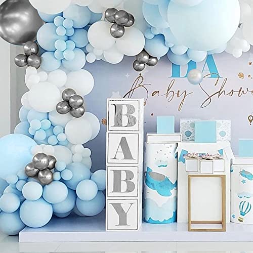 Baby Blue Balloon Garland Arch Kit - 114Pcs Diy Light Blue Metallic Silver Matte White Macaron Blue Balloons, Baby Shower Decorations Birthday Wedding Bridal Shower Baby Boy Girl Party Supplies #TOP1