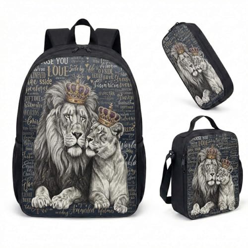 Conjunto de mochila realista com coroa de leão, 43 cm, estampa monocromática, realista, com retrato de animal, bolsa de viagem para adultos, 04, Large, Mochila estampada