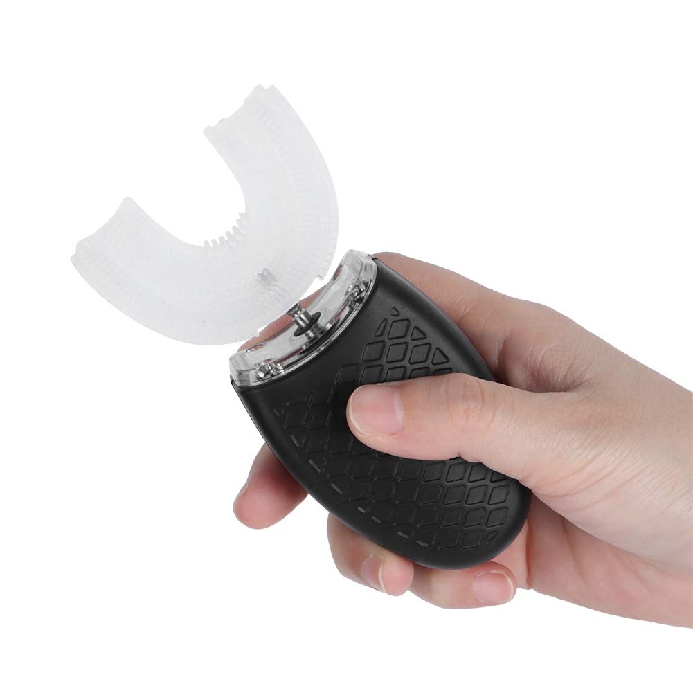 Cepillo de dientes eléctrico en forma de U, cepillo de blanqueamiento dental en forma de U doméstico, cepillo de dientes de carga USB de silicona ultrasónico de limpieza de boca de 360 °(negro)