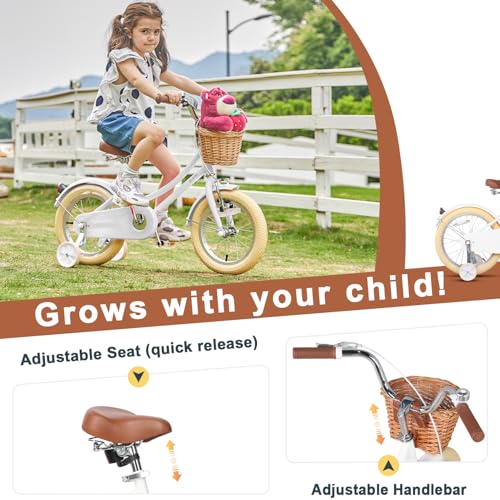 Image of Glerc Little Molly 12-20 Inch Kids Retro Cruiser Bike for 2-13 Year Old with Wicker Basket & Training Wheels /Kickstand, Multiple Colors