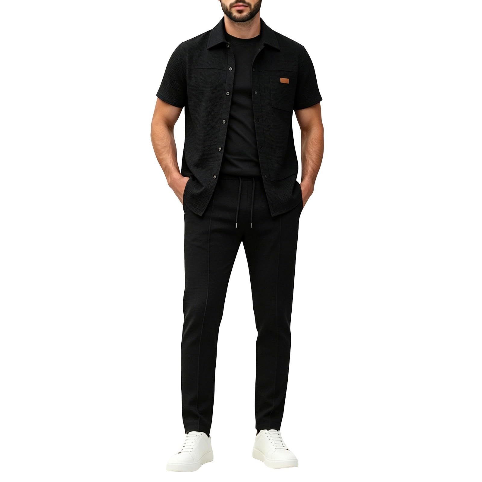 Completo Uomo, Completino Uomo Estivo Completo Casual in Maglia Composto Giacca E Pantaloni in Tinta Unita con Tasche Applicate E Colletto Reversibile Ideale per Un Moderno (Black S)