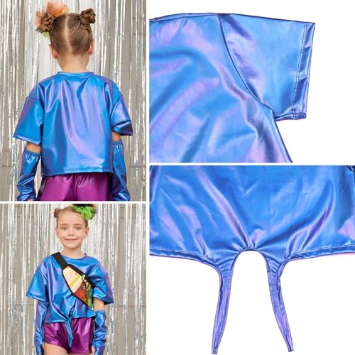 Image of Perfashion Girls Metallic Shirts Shiny Tie Front Knot Crop Top with Arm Sleeves for Dancing Raves Festivals 4-15 Years