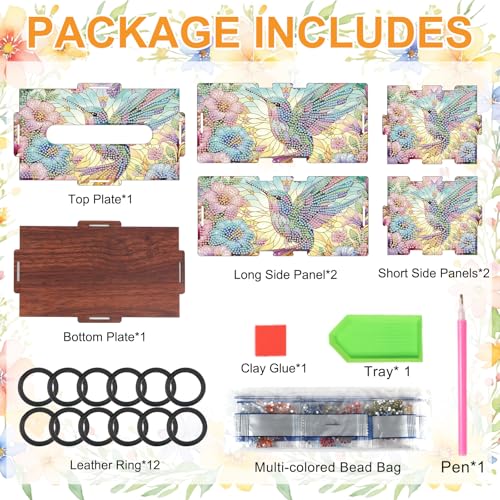 Image of DIY Hummingbird Diamond Painting Tissue Box, Colorful Floral Rhinestone Diamond Art Wooden Napkin Holder, Decorative Crystal Rhinestones Art Box for Home Organizer, 22.5x12.7x10.5cm